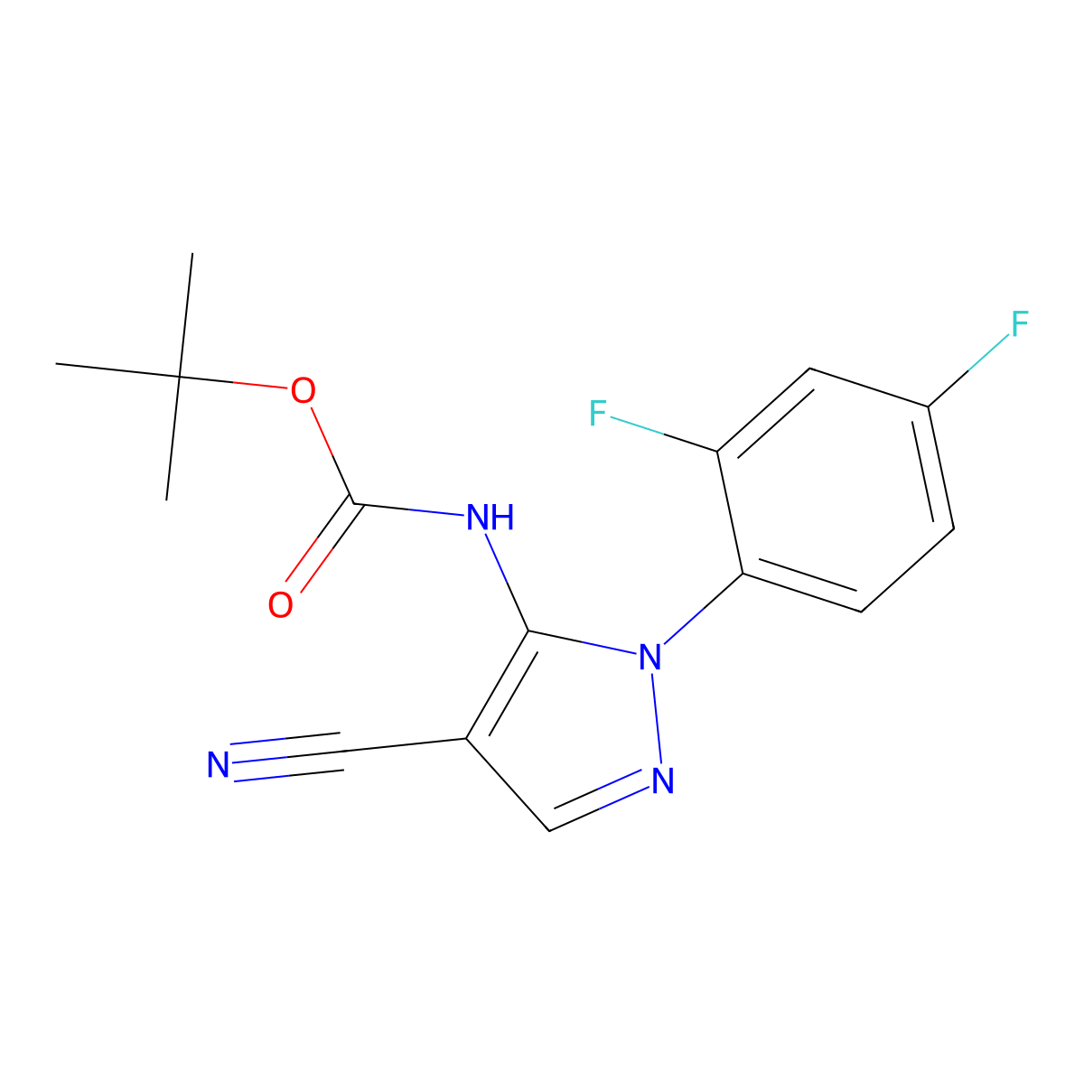 tert-butyl N-[4-cyano-1-(2,4-difluorophenyl)-1H-pyrazol-5-yl]carbamate molecular structure, CAS 2680760-56-7