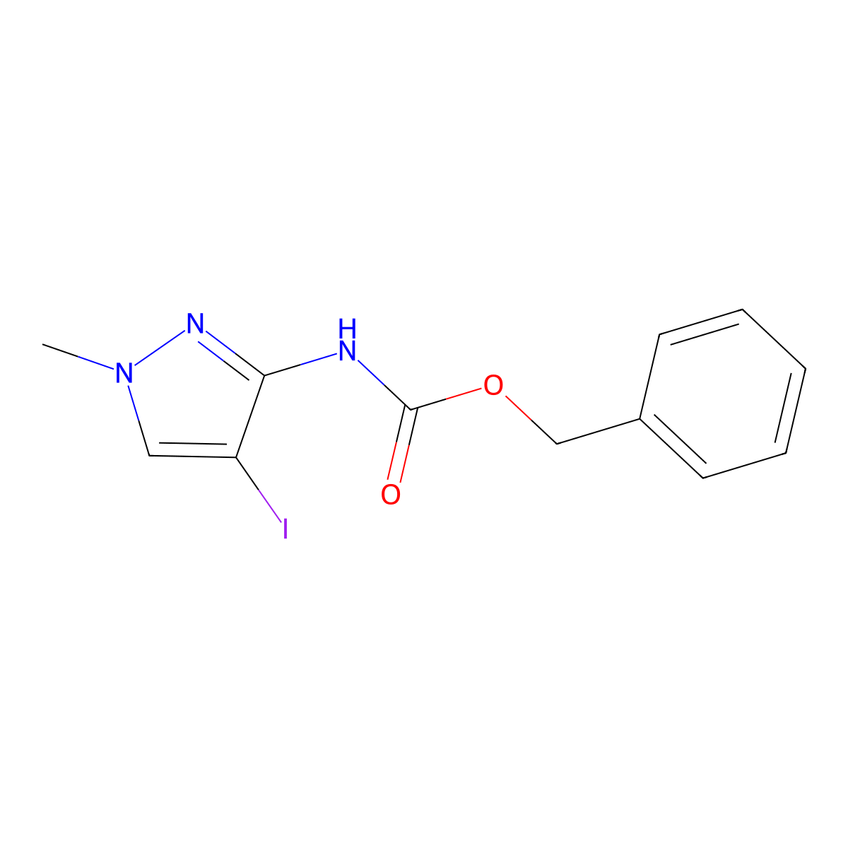 benzyl N-(4-iodo-1-methyl-1H-pyrazol-3-yl)carbamate molecular structure, CAS 2680761-36-6
