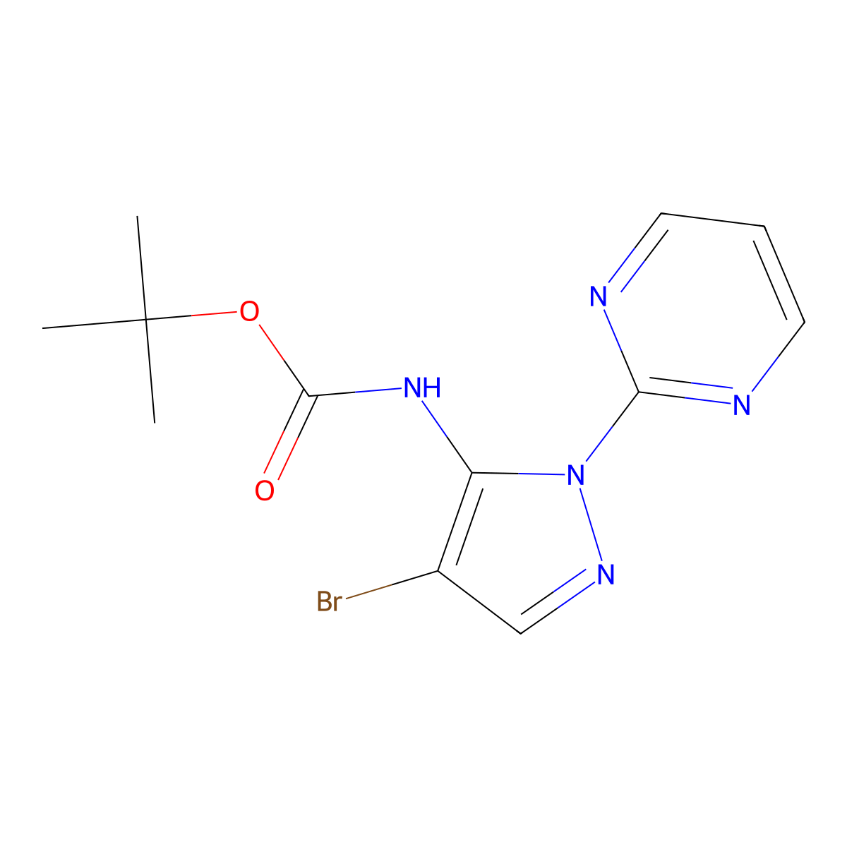 tert-butyl N-[4-bromo-1-(pyrimidin-2-yl)-1H-pyrazol-5-yl]carbamate molecular structure, CAS 2680761-57-1