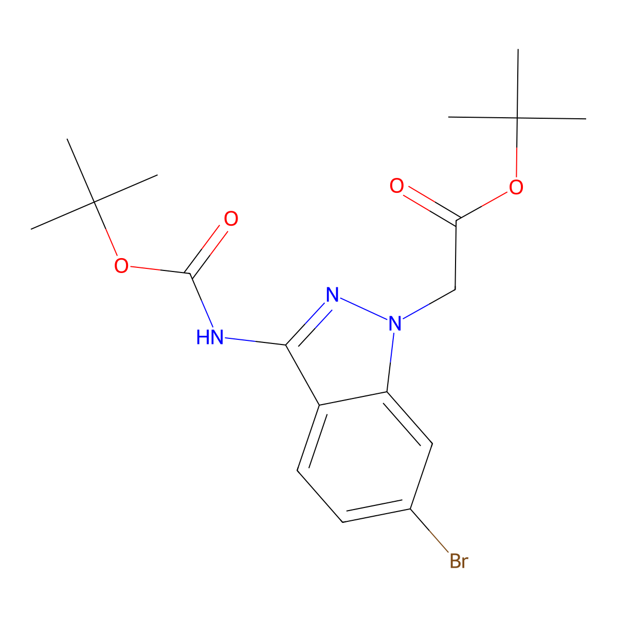 tert-butyl 2-(6-bromo-3-{[(tert-butoxy)carbonyl]amino}-1H-indazol-1-yl)acetate molecular structure, CAS 2680761-65-1