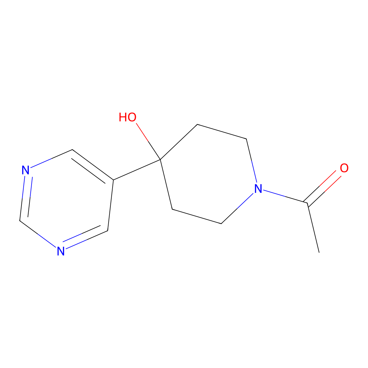 1-[4-Hydroxy-4-(pyrimidin-5-yl)piperidin-1-yl]ethan-1-one molecular structure, CAS 2680762-72-3