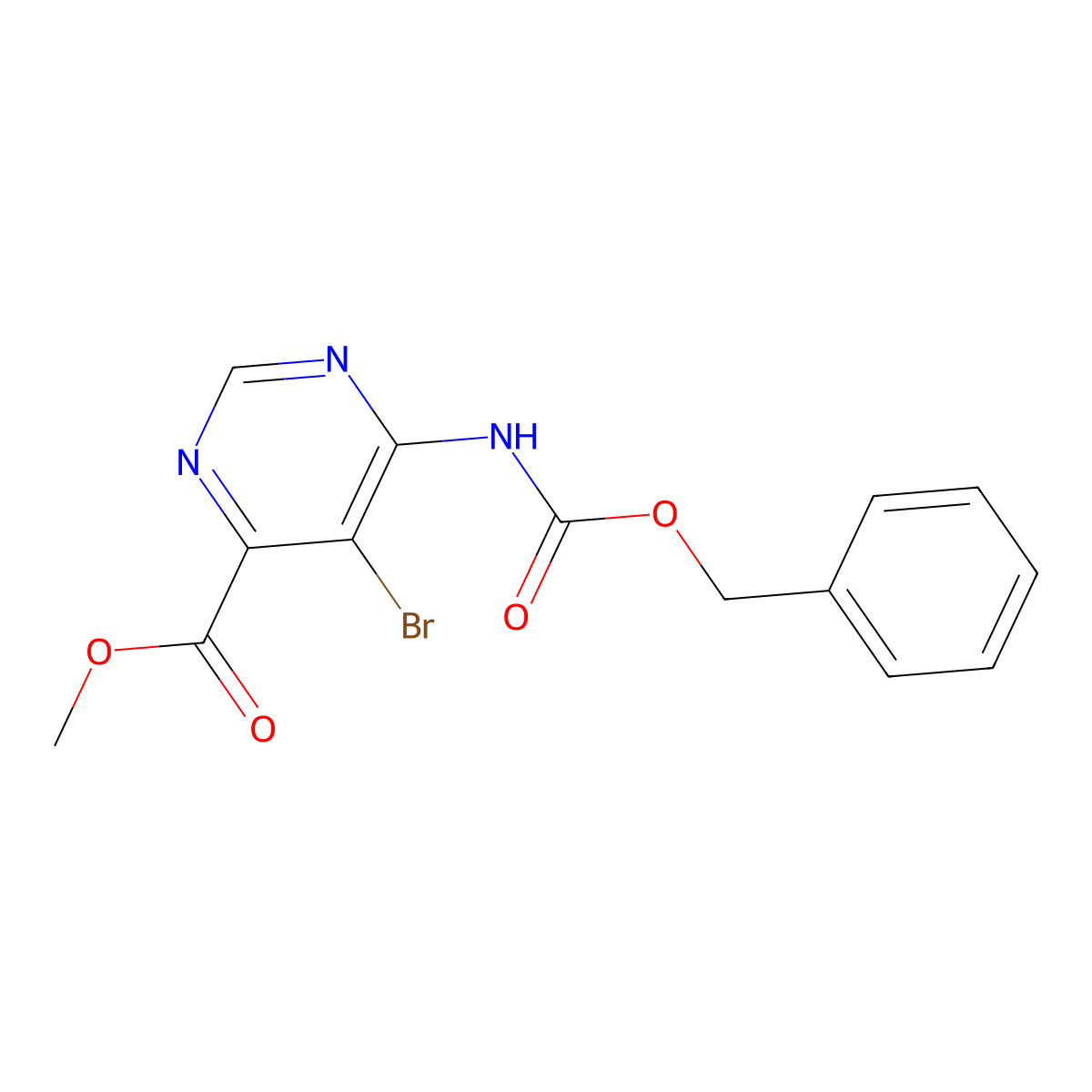 Methyl 6-{[(benzyloxy)carbonyl]amino}-5-bromopyrimidine-4-carboxylate molecular structure, CAS 2680762-80-3