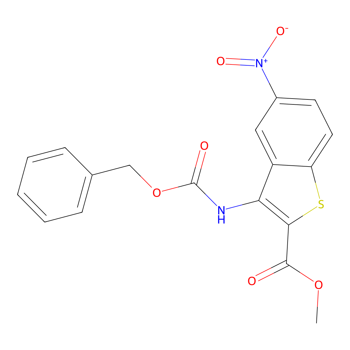 Methyl 3-{[(benzyloxy)carbonyl]amino}-5-nitro-1-benzothiophene-2-carboxylate molecular structure, CAS 2680763-20-4
