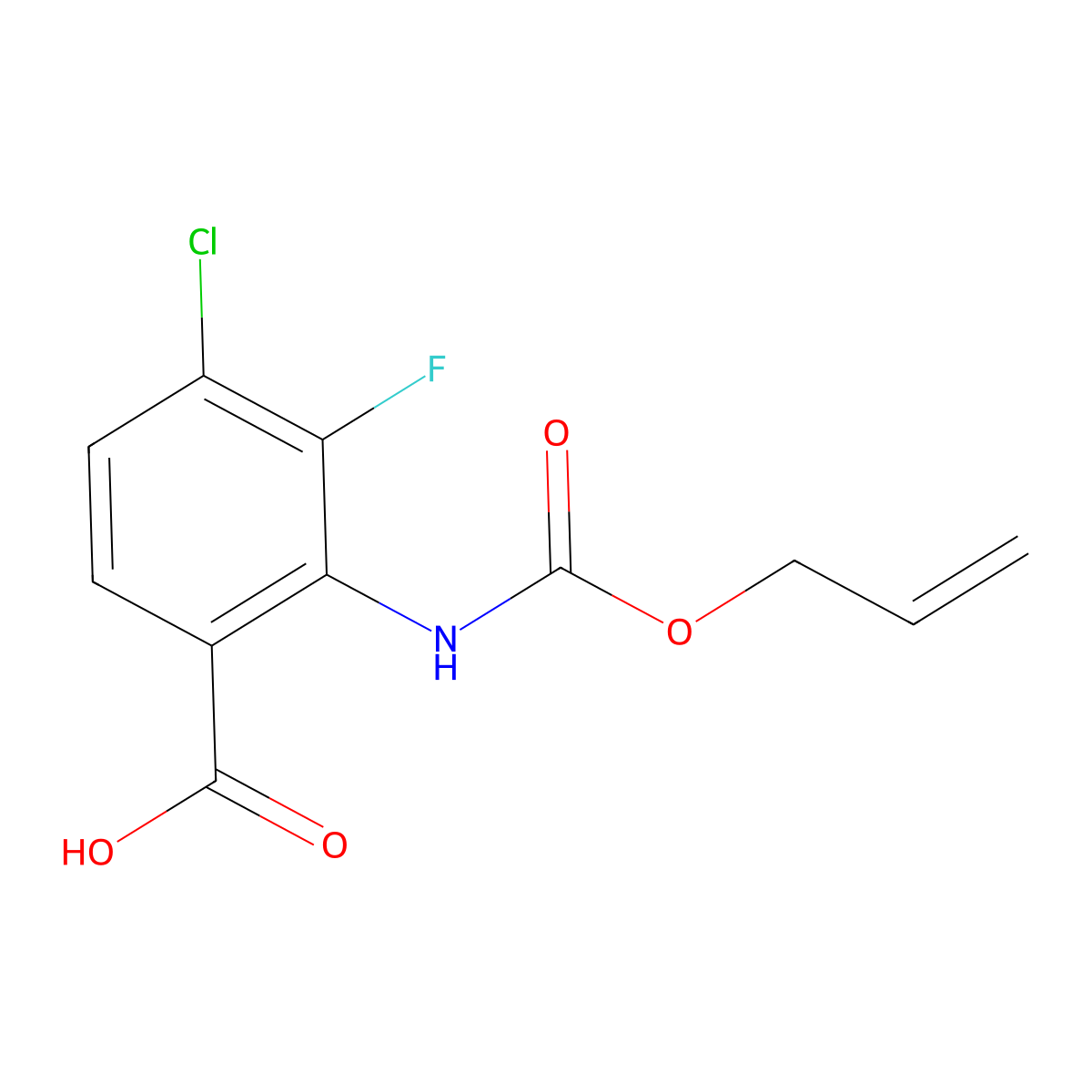 4-Chloro-3-fluoro-2-{[(prop-2-en-1-yloxy)carbonyl]amino}benzoic acid molecular structure, CAS 2680763-58-8