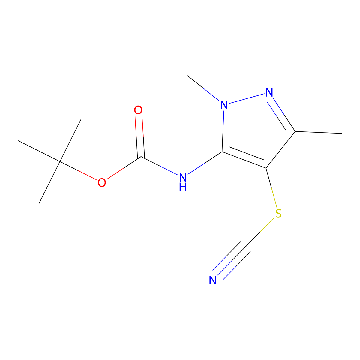 tert-butyl N-[4-(cyanosulfanyl)-1,3-dimethyl-1H-pyrazol-5-yl]carbamate molecular structure, CAS 2680763-97-5