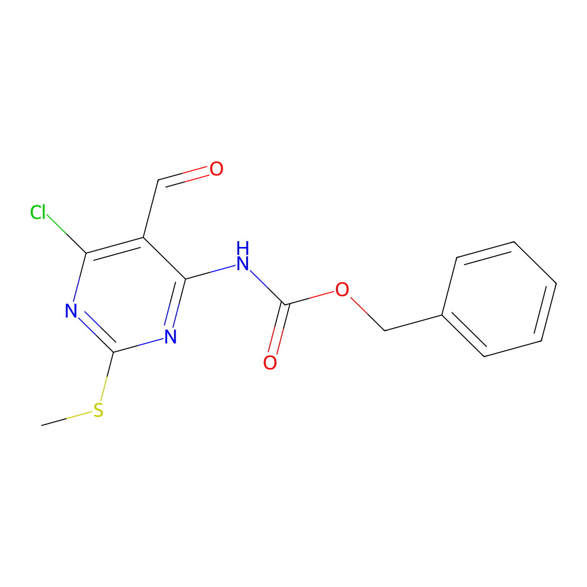 benzyl N-[6-chloro-5-formyl-2-(methylsulfanyl)pyrimidin-4-yl]carbamate molecular structure, CAS 2680764-12-7