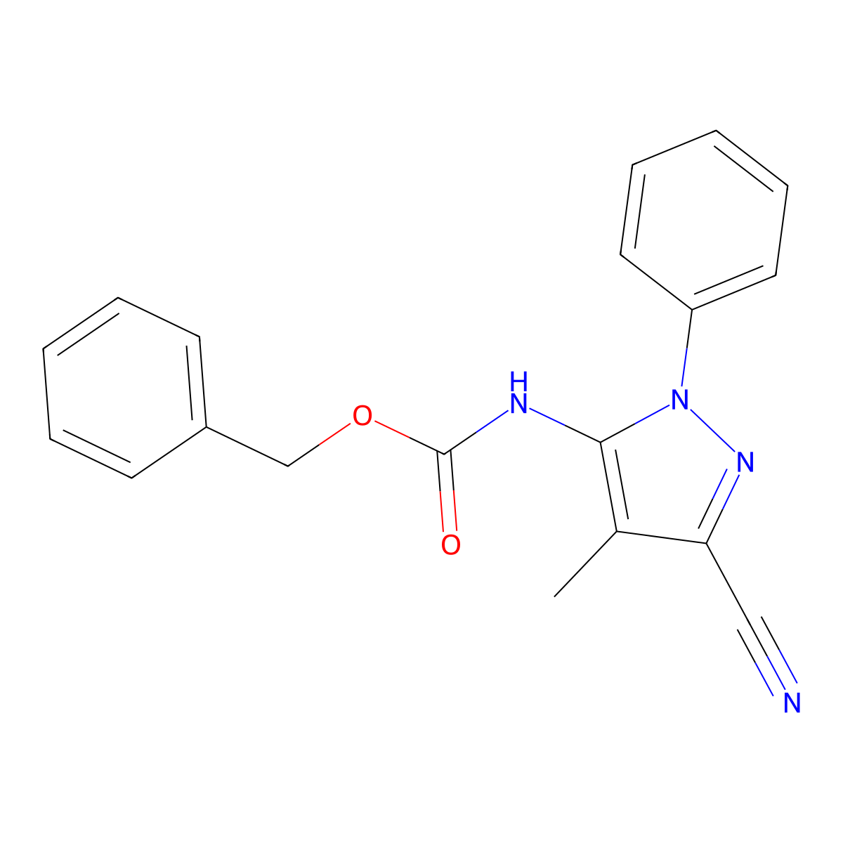 benzyl N-(3-cyano-4-methyl-1-phenyl-1H-pyrazol-5-yl)carbamate molecular structure, CAS 2680764-16-1