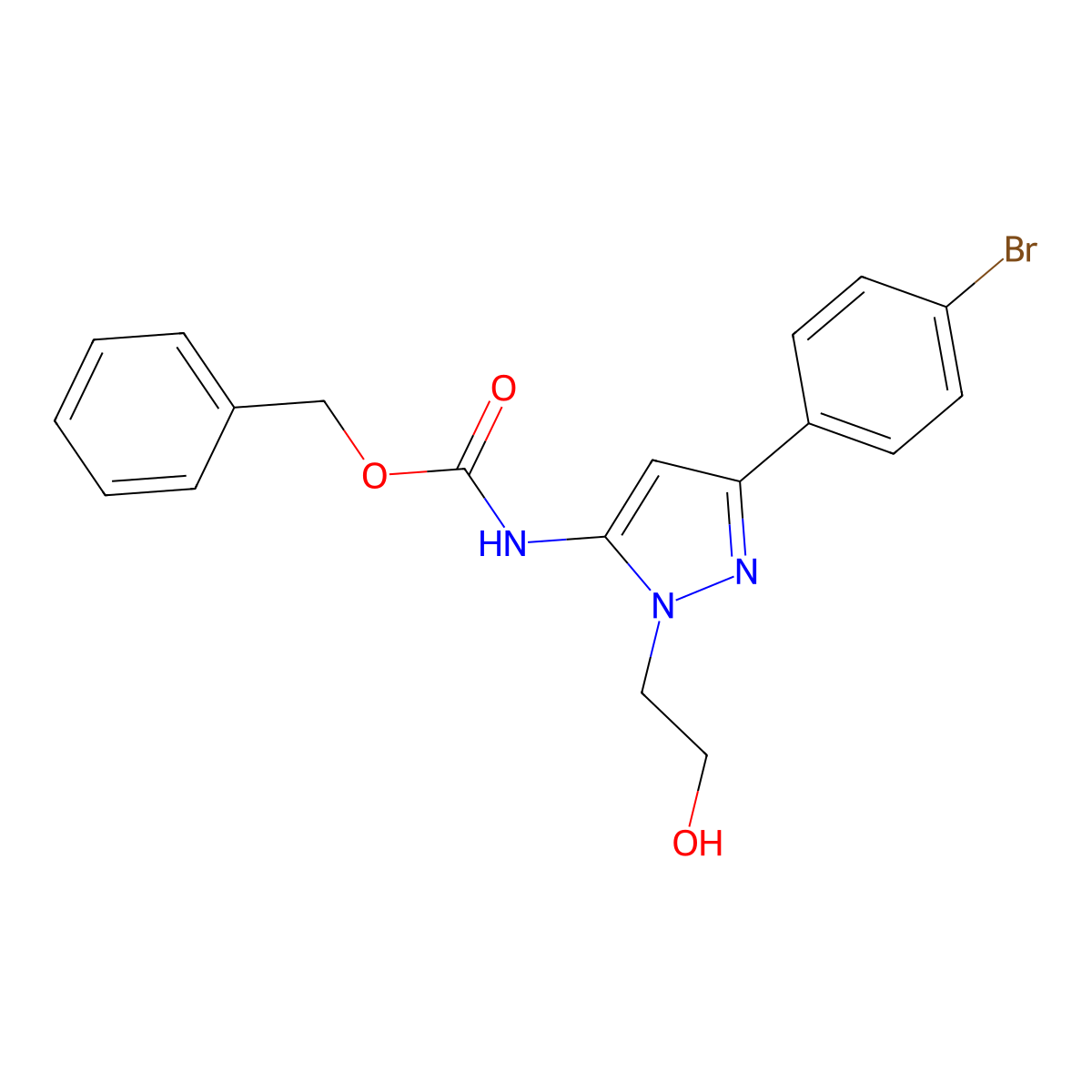 benzyl N-[3-(4-bromophenyl)-1-(2-hydroxyethyl)-1H-pyrazol-5-yl]carbamate molecular structure, CAS 2680764-84-3