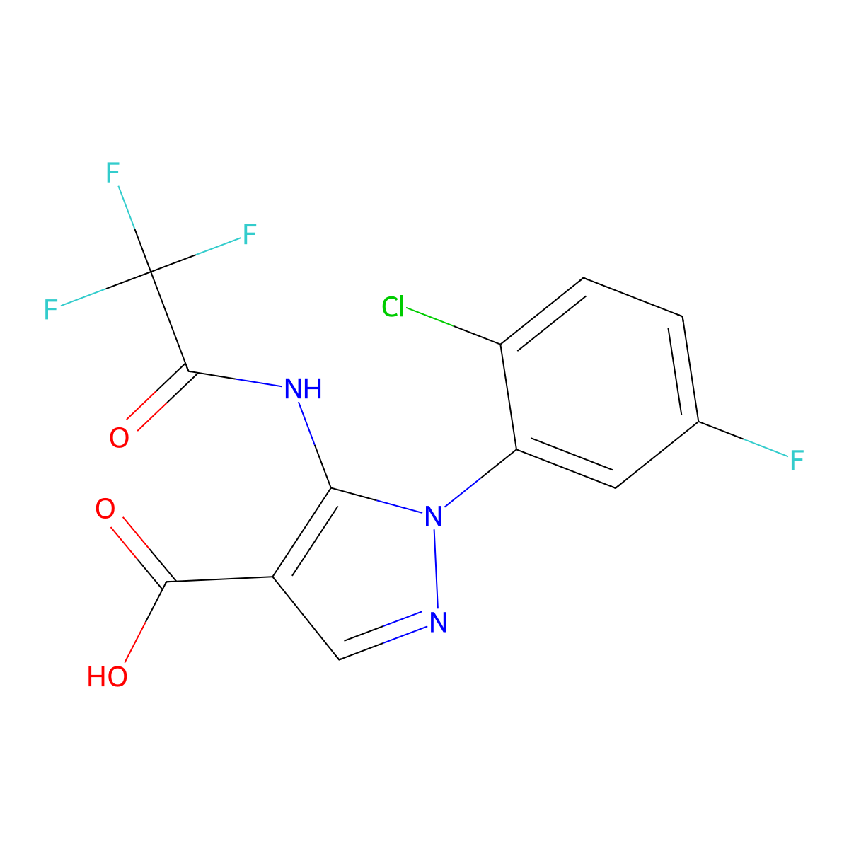 1-(2-chloro-5-fluorophenyl)-5-(2,2,2-trifluoroacetamido)-1H-pyrazole-4-carboxylic acid molecular structure, CAS 2680765-26-6