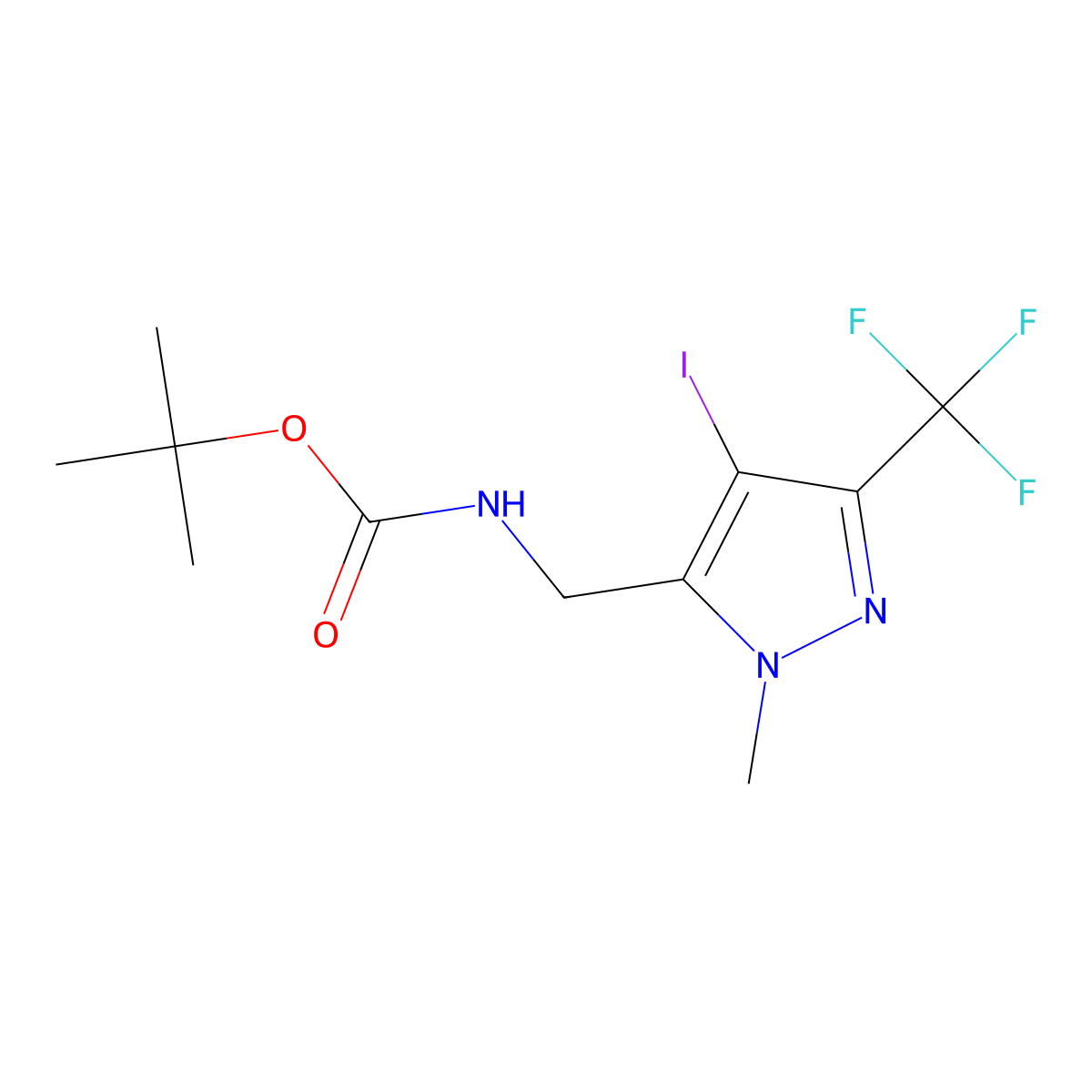 tert-butyl N-{[4-iodo-1-methyl-3-(trifluoromethyl)-1H-pyrazol-5-yl]methyl}carbamate molecular structure, CAS 2680766-12-3