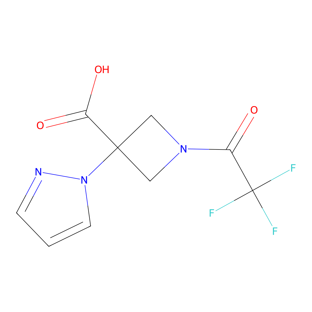 3-(1H-pyrazol-1-yl)-1-(2,2,2-trifluoroacetyl)azetidine-3-carboxylic acid molecular structure, CAS 2680766-74-7