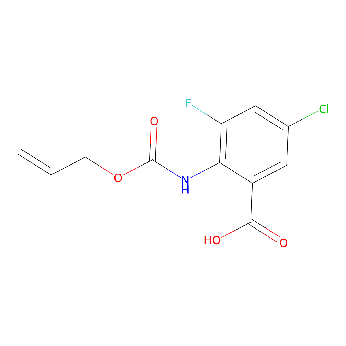 5-Chloro-3-fluoro-2-{[(prop-2-en-1-yloxy)carbonyl]amino}benzoic acid molecular structure, CAS 2680768-50-5