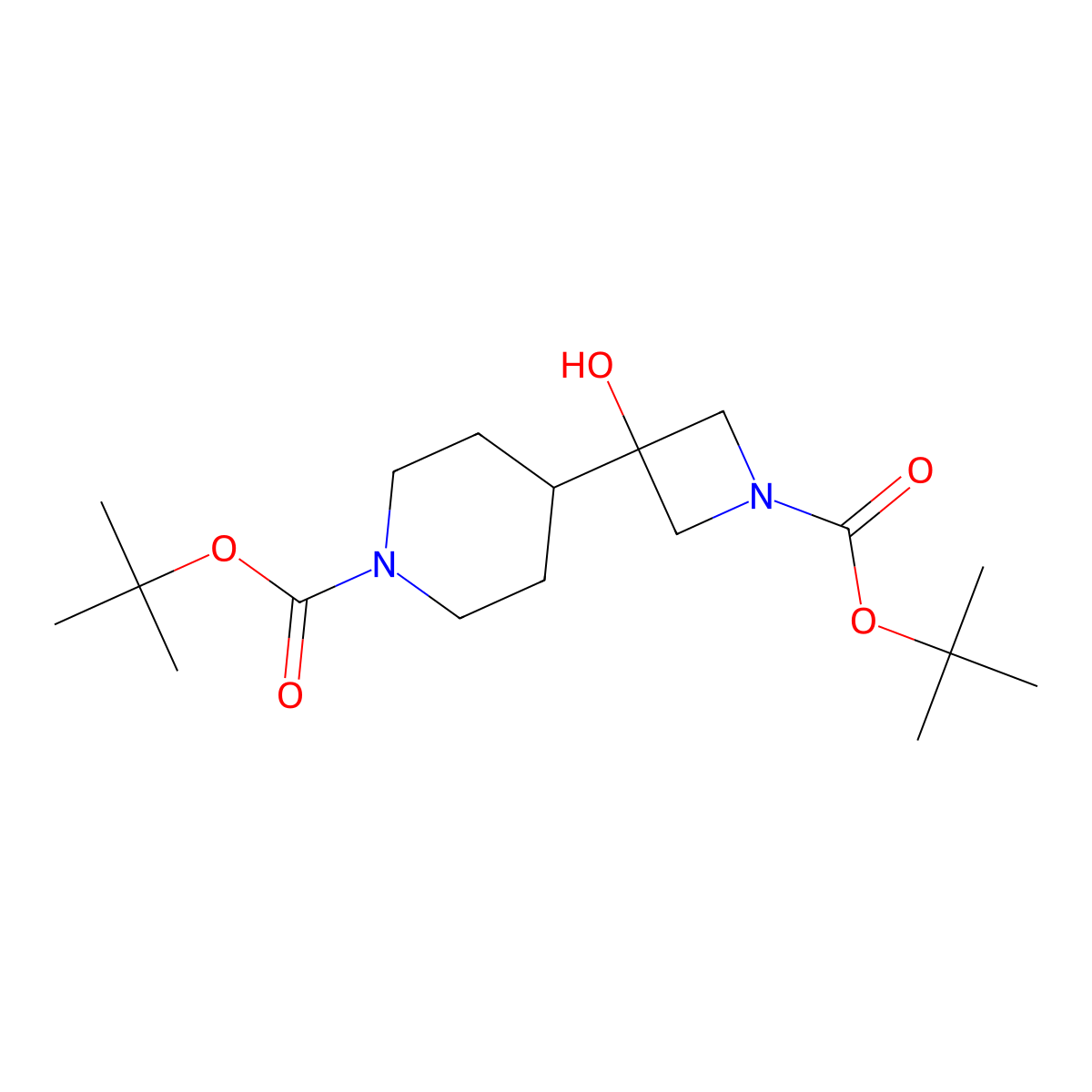 Tert-butyl 4-{1-[(tert-butoxy)carbonyl]-3-hydroxyazetidin-3-yl}piperidine-1-carboxylate molecular structure, CAS 2680768-90-3
