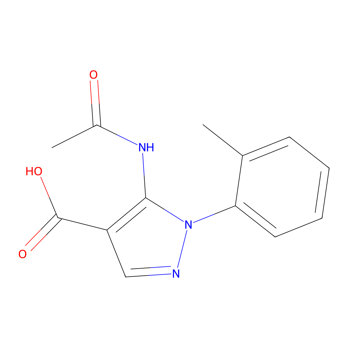 5-acetamido-1-(2-methylphenyl)-1H-pyrazole-4-carboxylic acid molecular structure, CAS 2680769-16-6