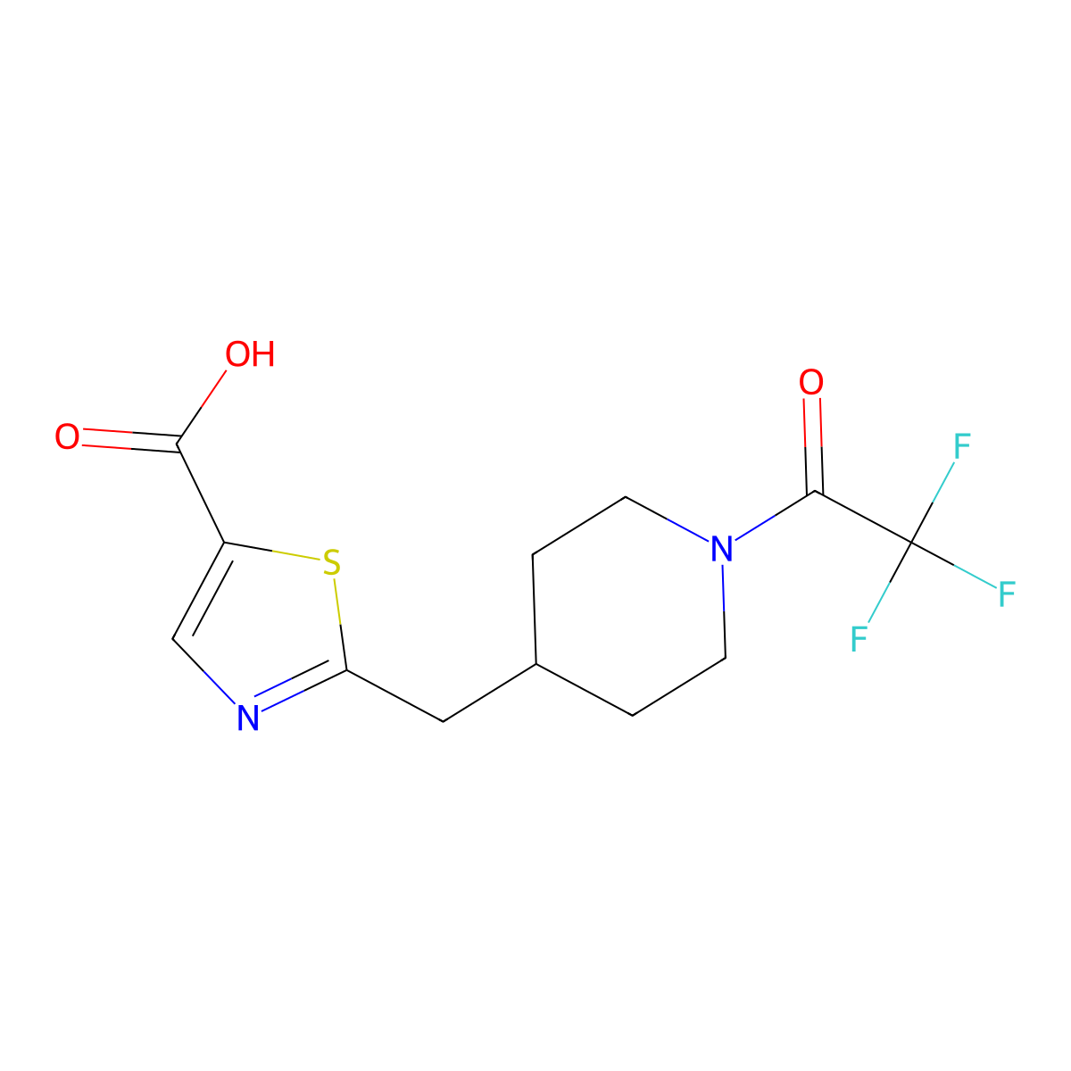2-{[1-(2,2,2-Trifluoroacetyl)piperidin-4-yl]methyl}-1,3-thiazole-5-carboxylic acid molecular structure, CAS 2680769-20-2