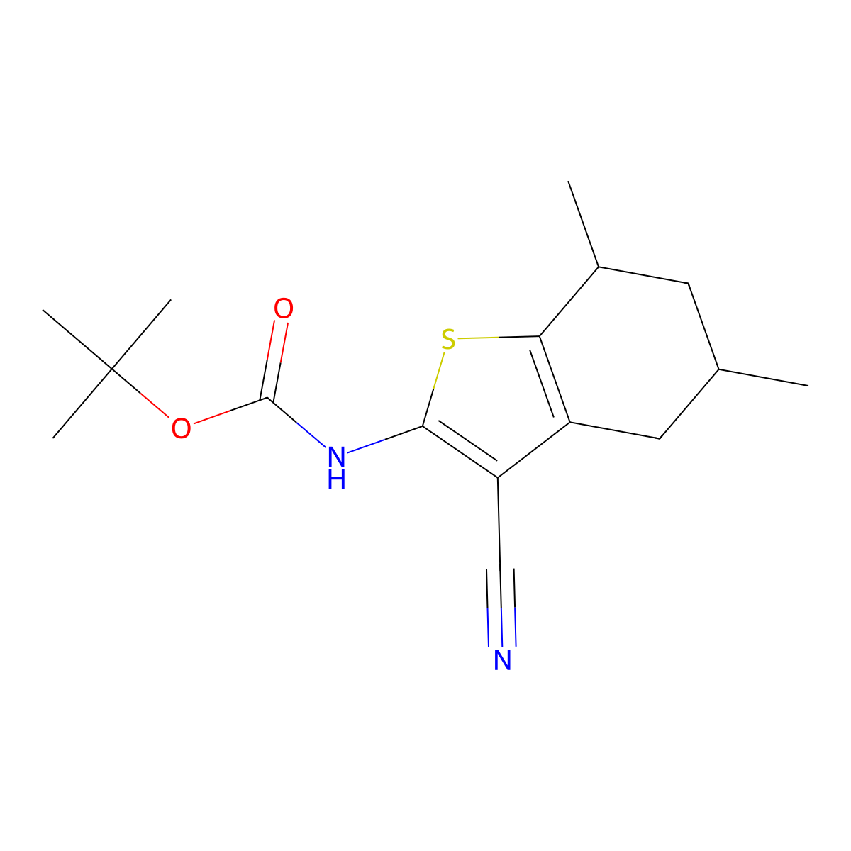 tert-butyl N-(3-cyano-5,7-dimethyl-4,5,6,7-tetrahydro-1-benzothiophen-2-yl)carbamate molecular structure, CAS 2680769-28-0