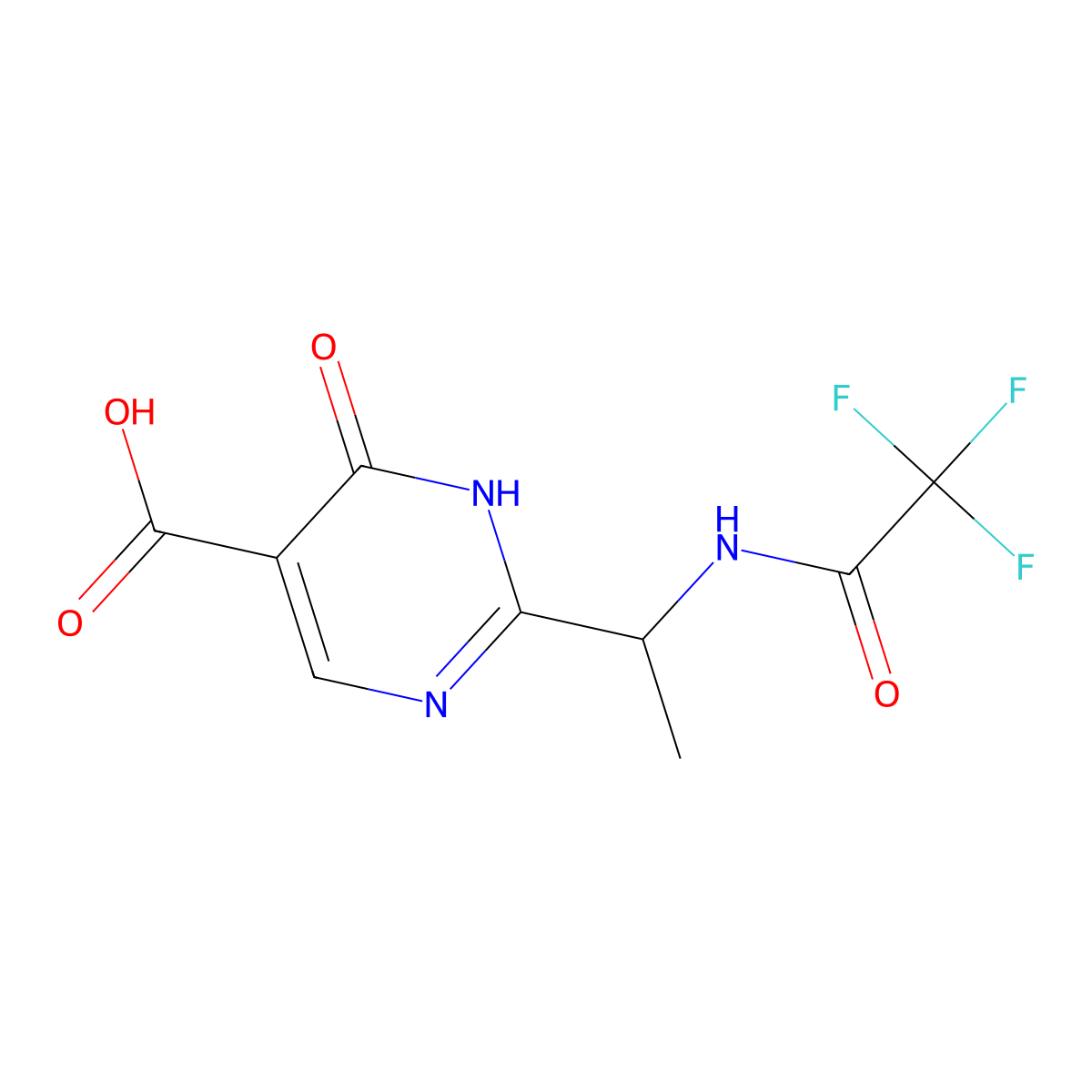 6-Oxo-2-[1-(2,2,2-trifluoroacetamido)ethyl]-1,6-dihydropyrimidine-5-carboxylic acid molecular structure, CAS 2680769-98-4