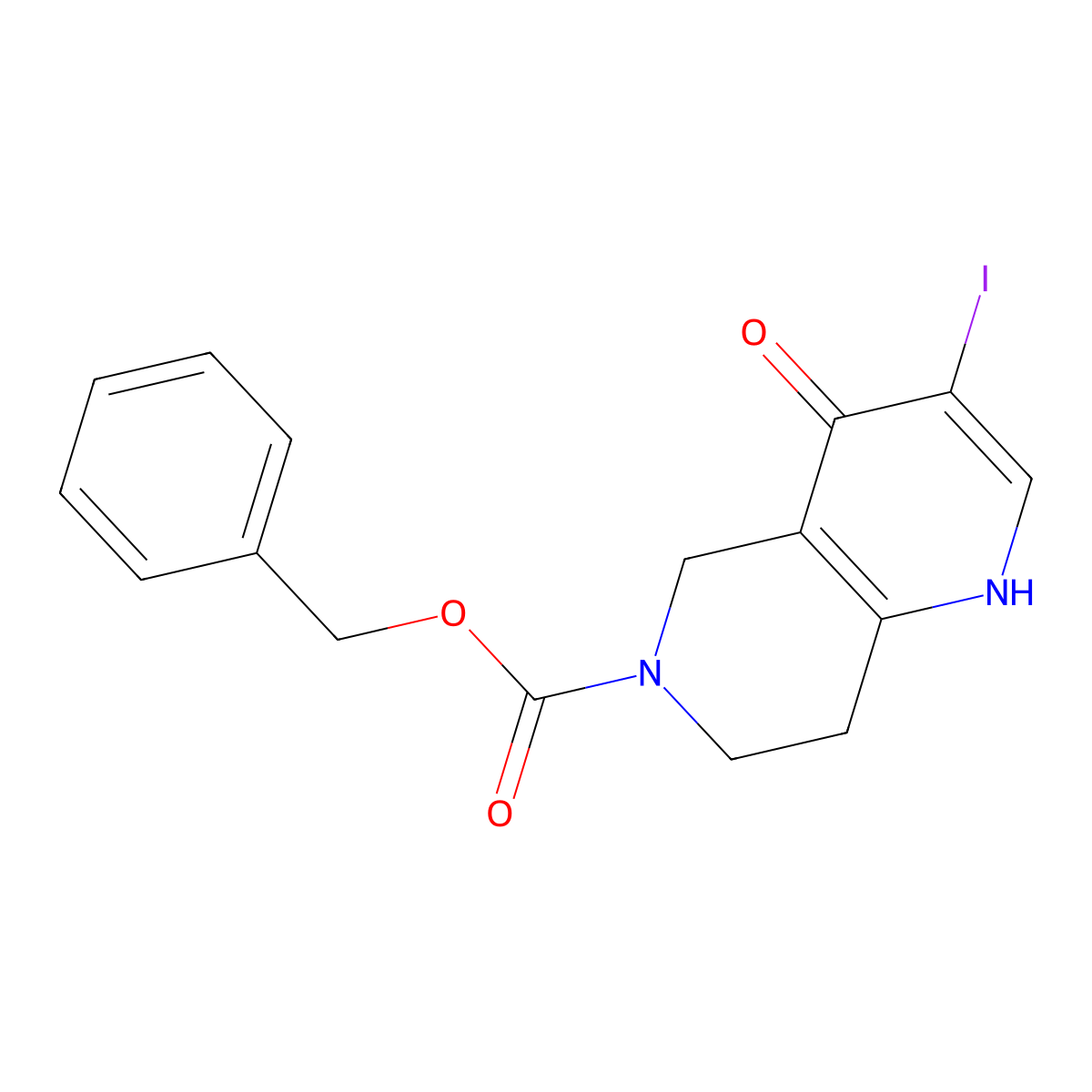 Benzyl 3-iodo-4-oxo-1,4,5,6,7,8-hexahydro-1,6-naphthyridine-6-carboxylate molecular structure, CAS 2680770-03-8