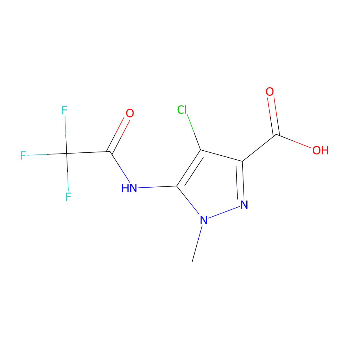 4-chloro-1-methyl-5-(2,2,2-trifluoroacetamido)-1H-pyrazole-3-carboxylic acid molecular structure, CAS 2680770-44-7