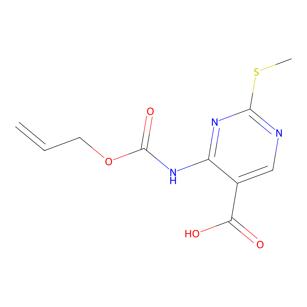 2-(Methylsulfanyl)-4-{[(prop-2-en-1-yloxy)carbonyl]amino}pyrimidine-5-carboxylic acid molecular structure, CAS 2680770-99-2