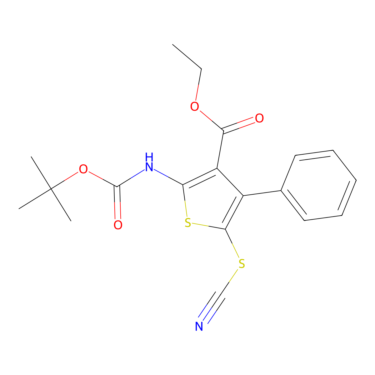 Ethyl 2-{[(tert-butoxy)carbonyl]amino}-5-(cyanosulfanyl)-4-phenylthiophene-3-carboxylate molecular structure, CAS 2680771-29-1