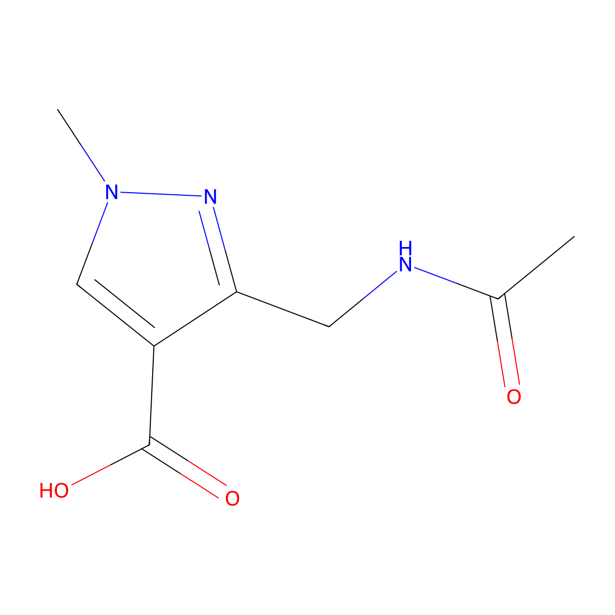 3-(acetamidomethyl)-1-methyl-1H-pyrazole-4-carboxylic acid molecular structure, CAS 2680771-40-6