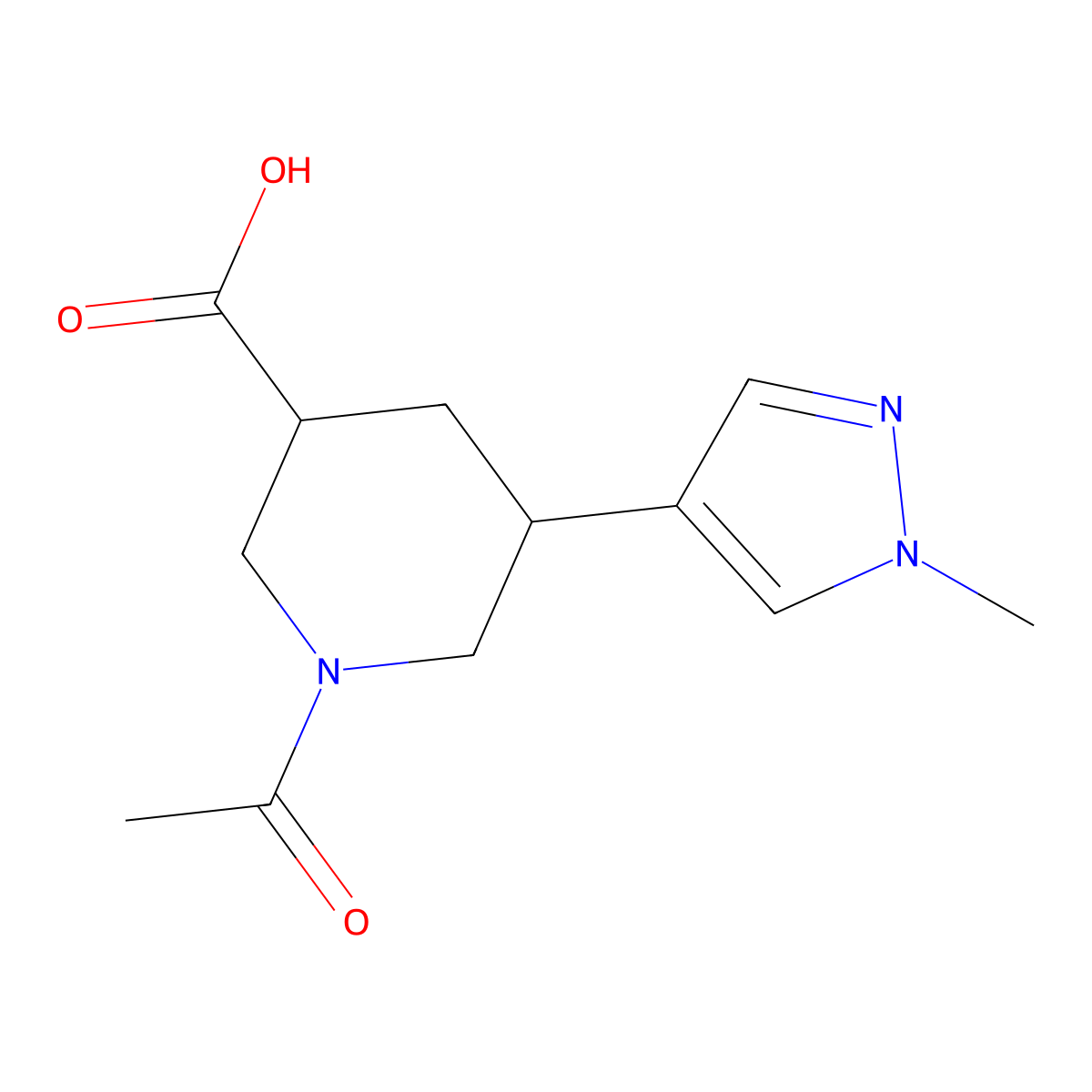 1-acetyl-5-(1-methyl-1H-pyrazol-4-yl)piperidine-3-carboxylic acid molecular structure, CAS 2680771-94-0