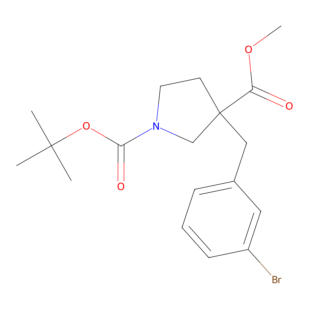 1-Tert-butyl 3-methyl 3-[(3-bromophenyl)methyl]pyrrolidine-1,3-dicarboxylate molecular structure, CAS 2680772-95-4
