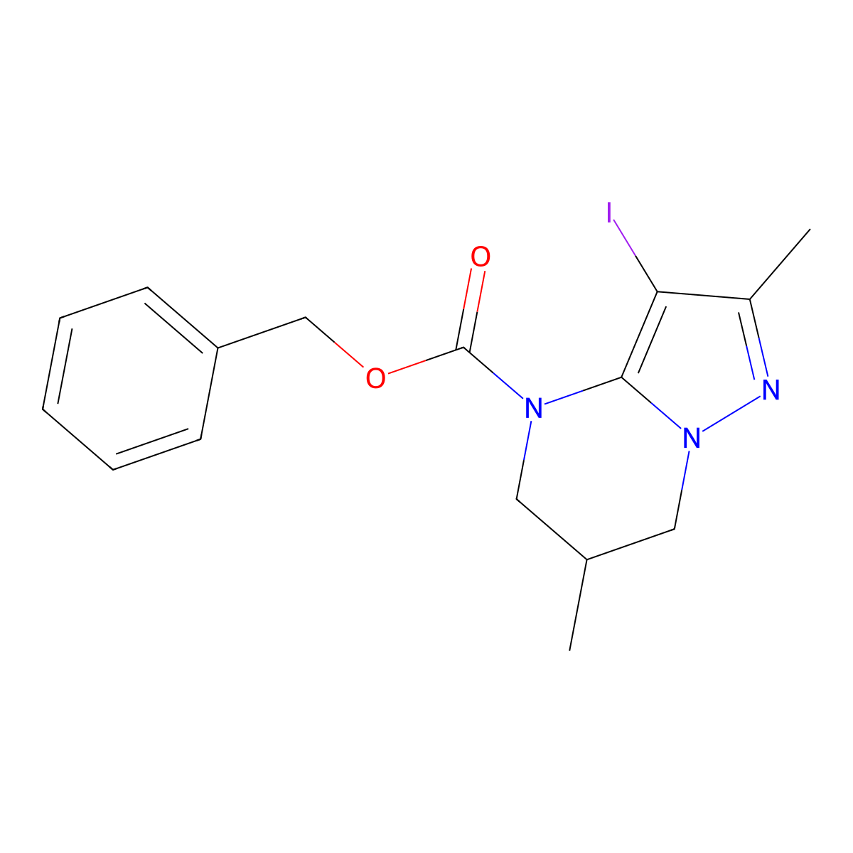 benzyl 3-iodo-2,6-dimethyl-4H,5H,6H,7H-pyrazolo[1,5-a]pyrimidine-4-carboxylate molecular structure, CAS 2680773-25-3
