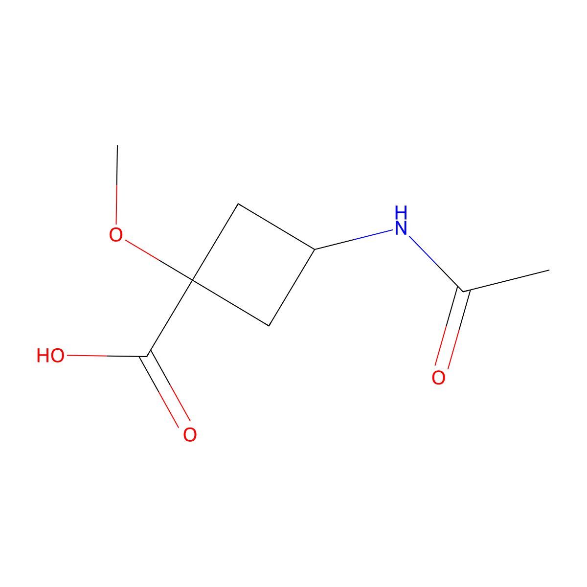 3-Acetamido-1-methoxycyclobutane-1-carboxylic acid molecular structure, CAS 2680773-62-8