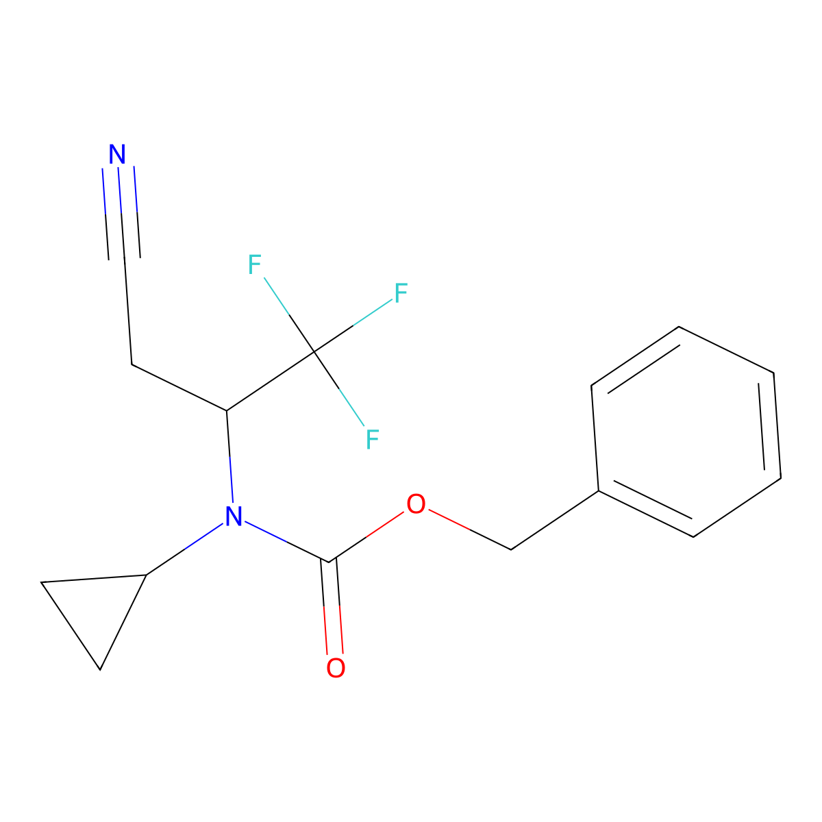 benzyl N-(3-cyano-1,1,1-trifluoropropan-2-yl)-N-cyclopropylcarbamate molecular structure, CAS 2680776-60-5