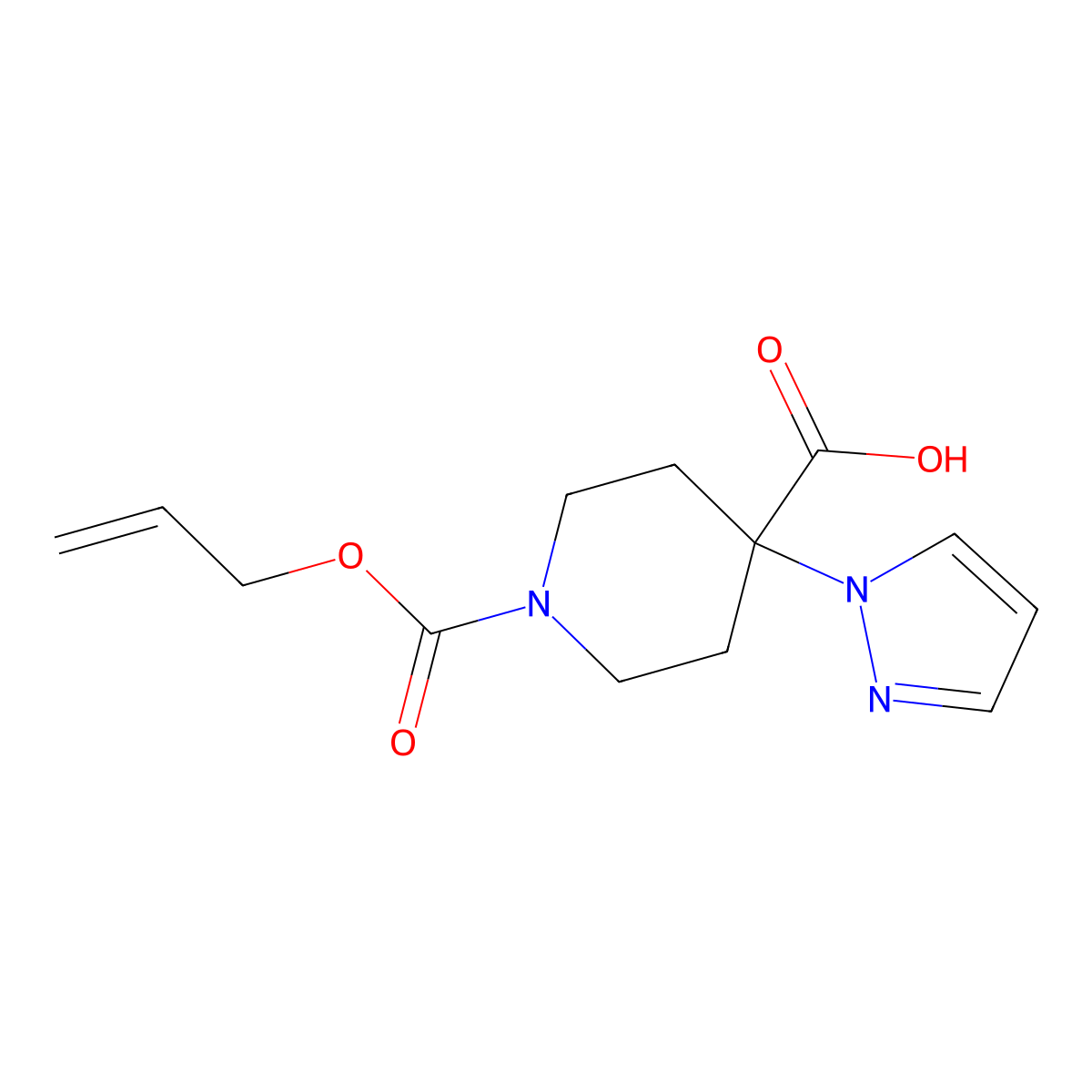 1-[(prop-2-en-1-yloxy)carbonyl]-4-(1H-pyrazol-1-yl)piperidine-4-carboxylic acid molecular structure, CAS 2680776-85-4