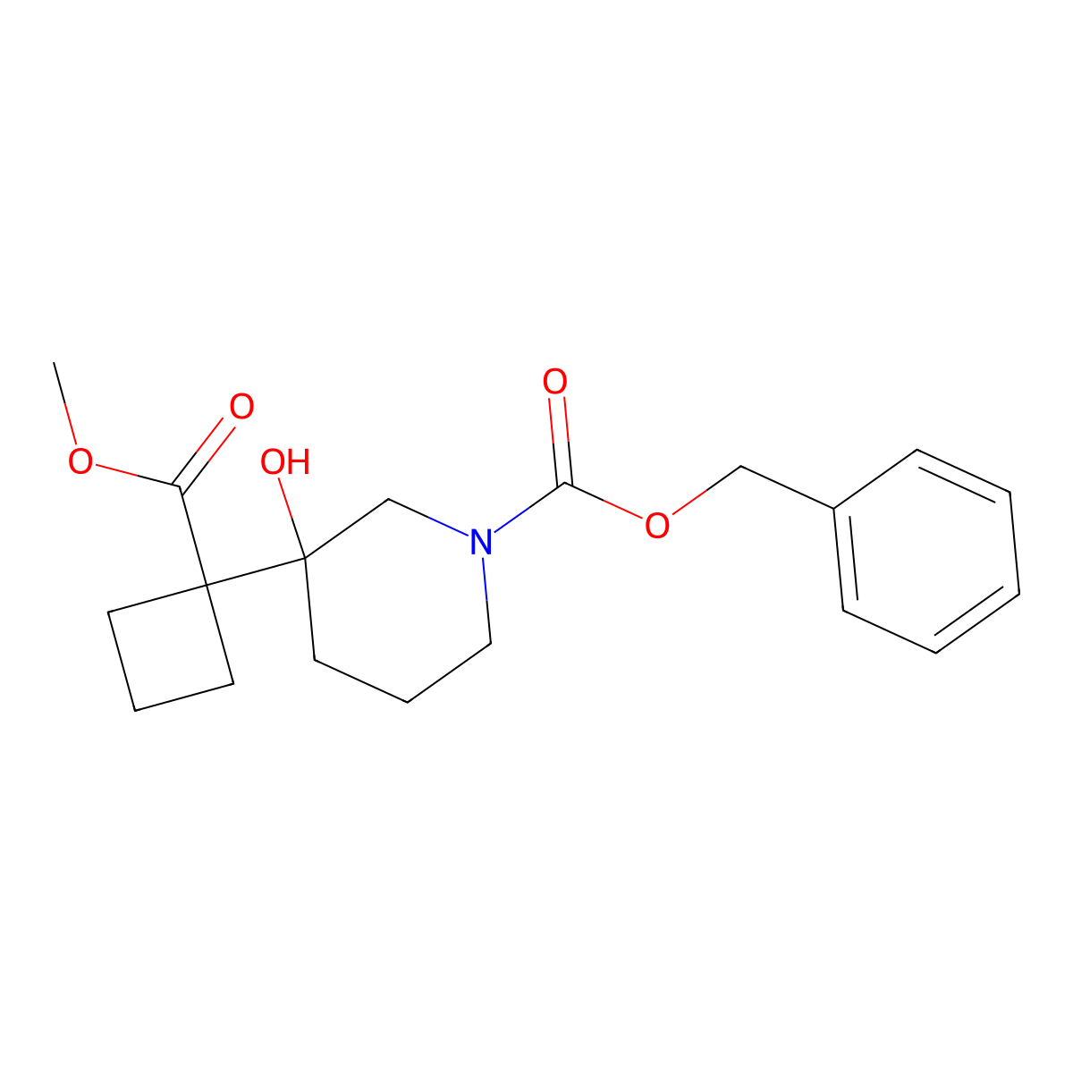 Benzyl 3-hydroxy-3-[1-(methoxycarbonyl)cyclobutyl]piperidine-1-carboxylate molecular structure, CAS 2680777-58-4