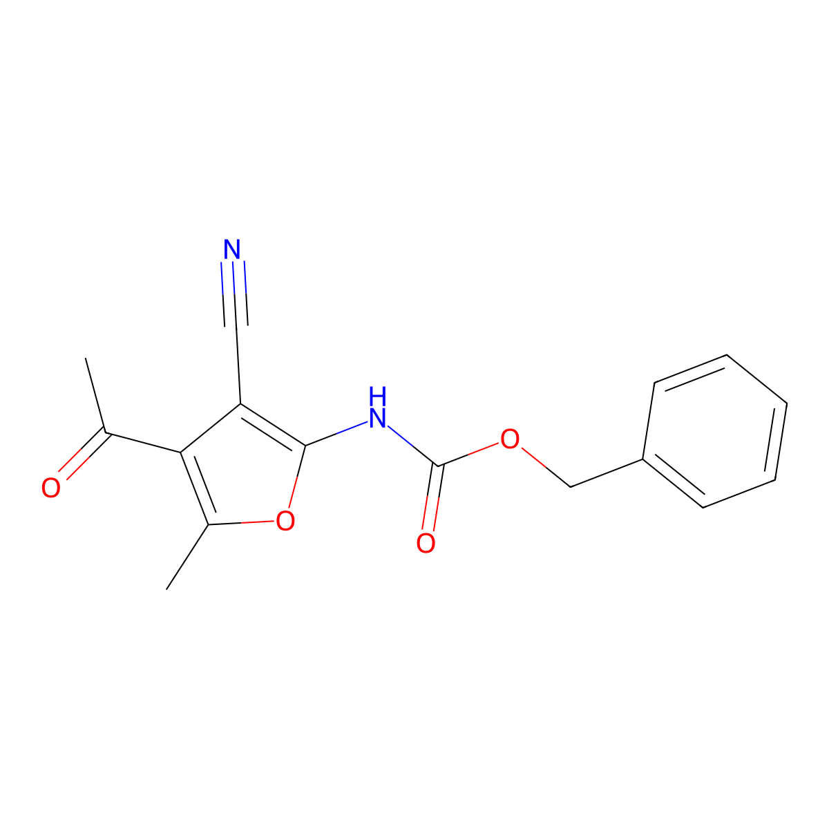 benzyl N-(4-acetyl-3-cyano-5-methylfuran-2-yl)carbamate molecular structure, CAS 2680778-58-7