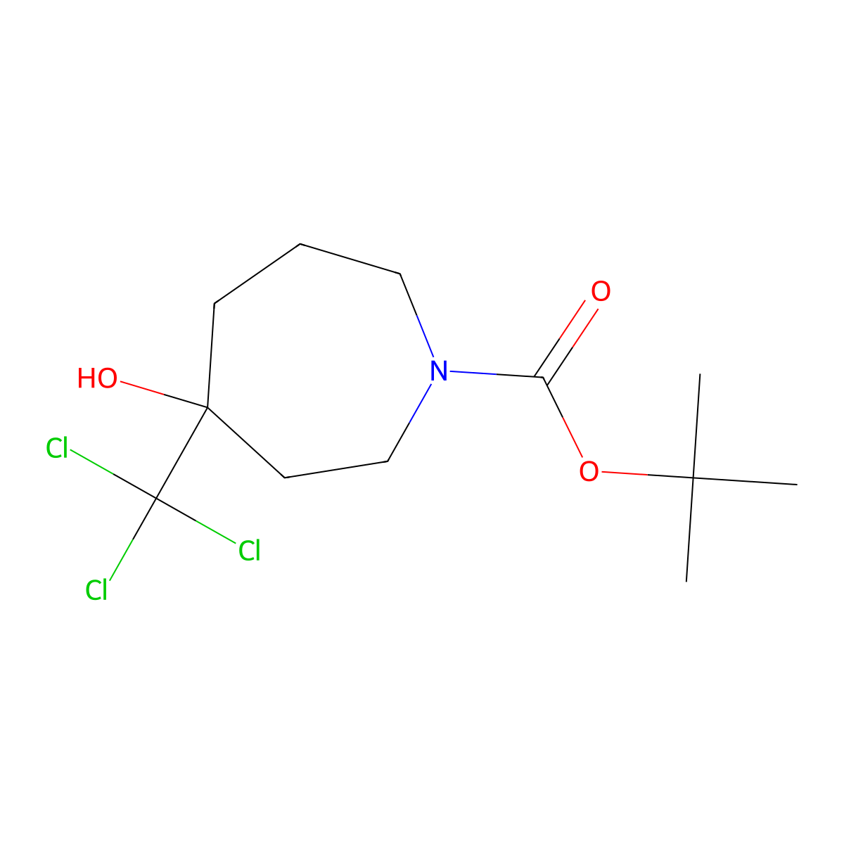 Tert-butyl 4-hydroxy-4-(trichloromethyl)azepane-1-carboxylate molecular structure, CAS 2680779-62-6