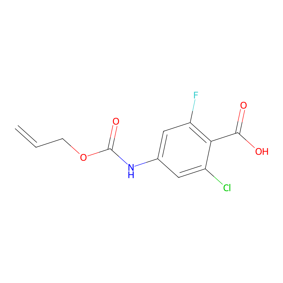 2-Chloro-6-fluoro-4-{[(prop-2-en-1-yloxy)carbonyl]amino}benzoic acid molecular structure, CAS 2680779-84-2