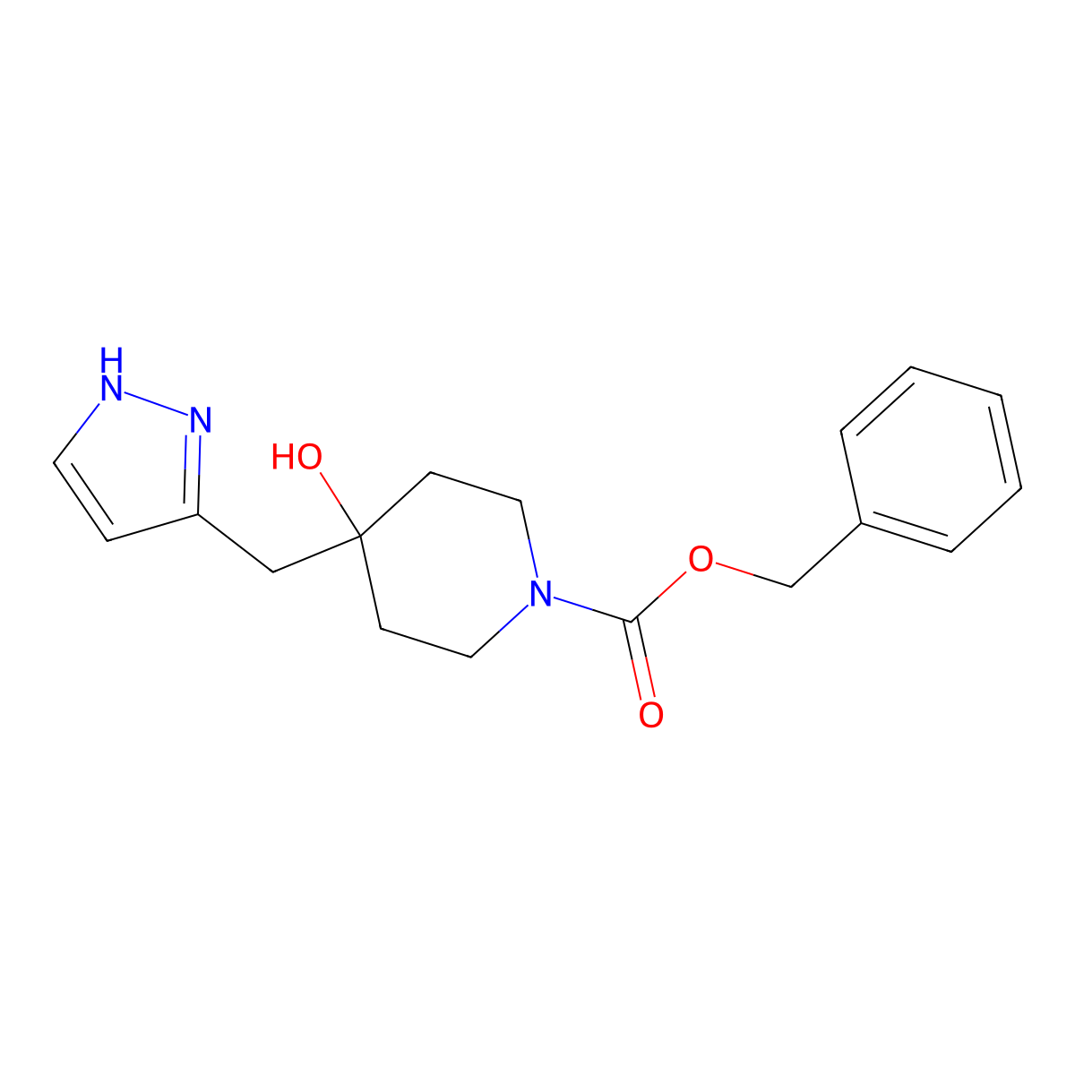 benzyl 4-hydroxy-4-[(1H-pyrazol-3-yl)methyl]piperidine-1-carboxylate molecular structure, CAS 2680780-36-1