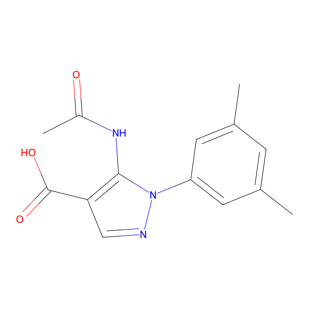 1-(3,5-dimethylphenyl)-5-acetamido-1H-pyrazole-4-carboxylic acid molecular structure, CAS 2680780-99-6