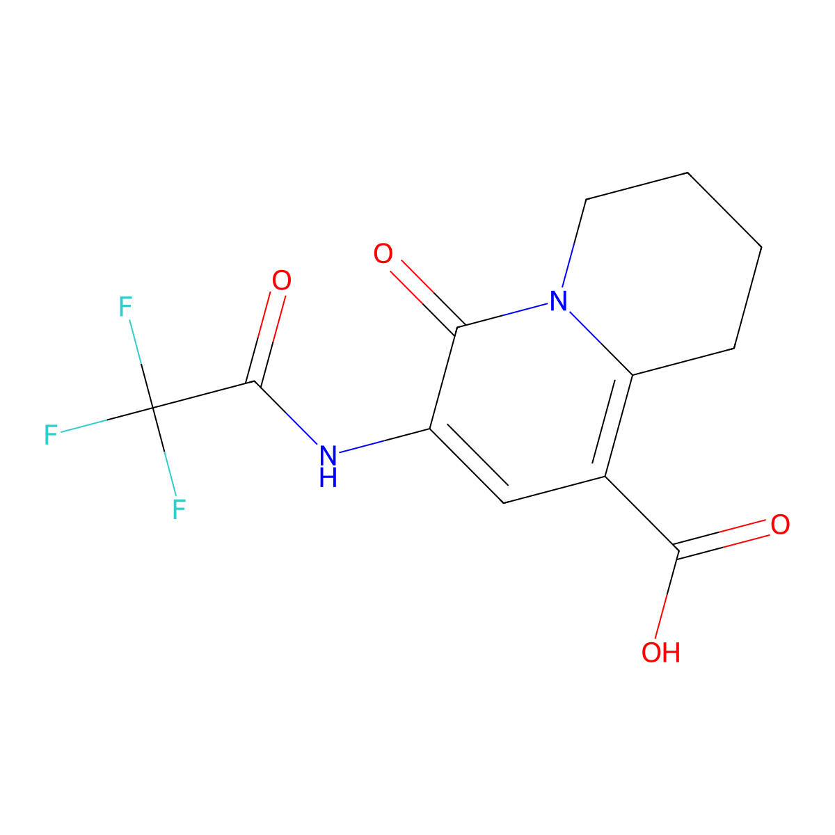 6-oxo-7-(2,2,2-trifluoroacetamido)-2,3,4,6-tetrahydro-1H-quinolizine-9-carboxylic acid molecular structure, CAS 2680781-56-8