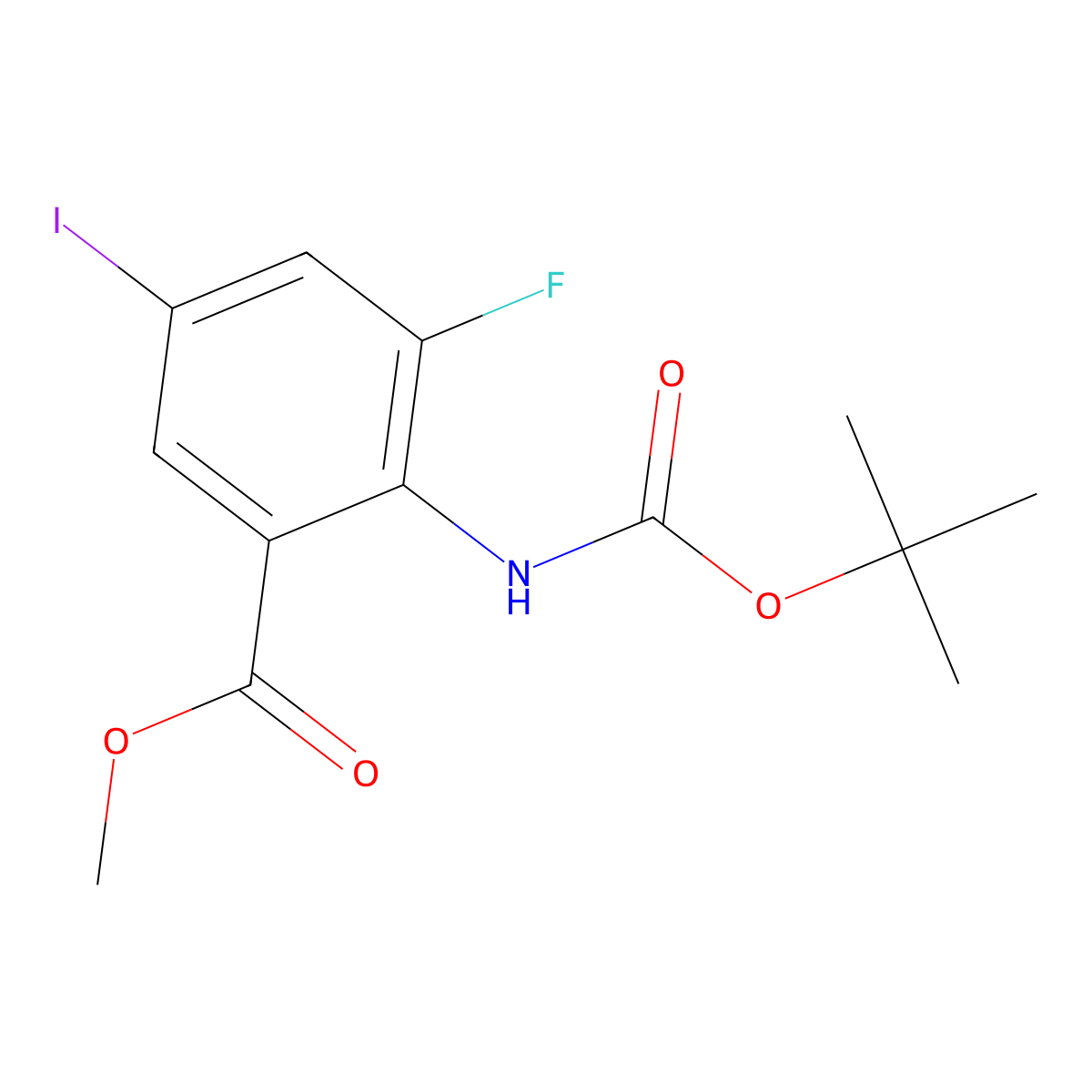 Methyl 2-{[(tert-butoxy)carbonyl]amino}-3-fluoro-5-iodobenzoate molecular structure, CAS 2680782-08-3