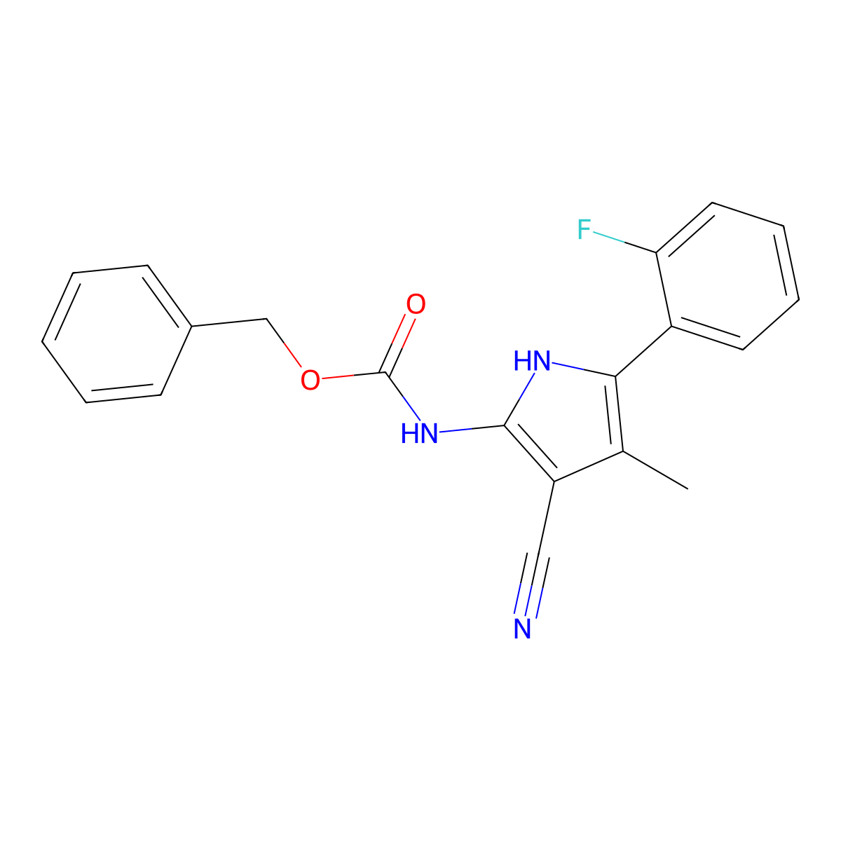 benzyl N-[3-cyano-5-(2-fluorophenyl)-4-methyl-1H-pyrrol-2-yl]carbamate molecular structure, CAS 2680782-20-9