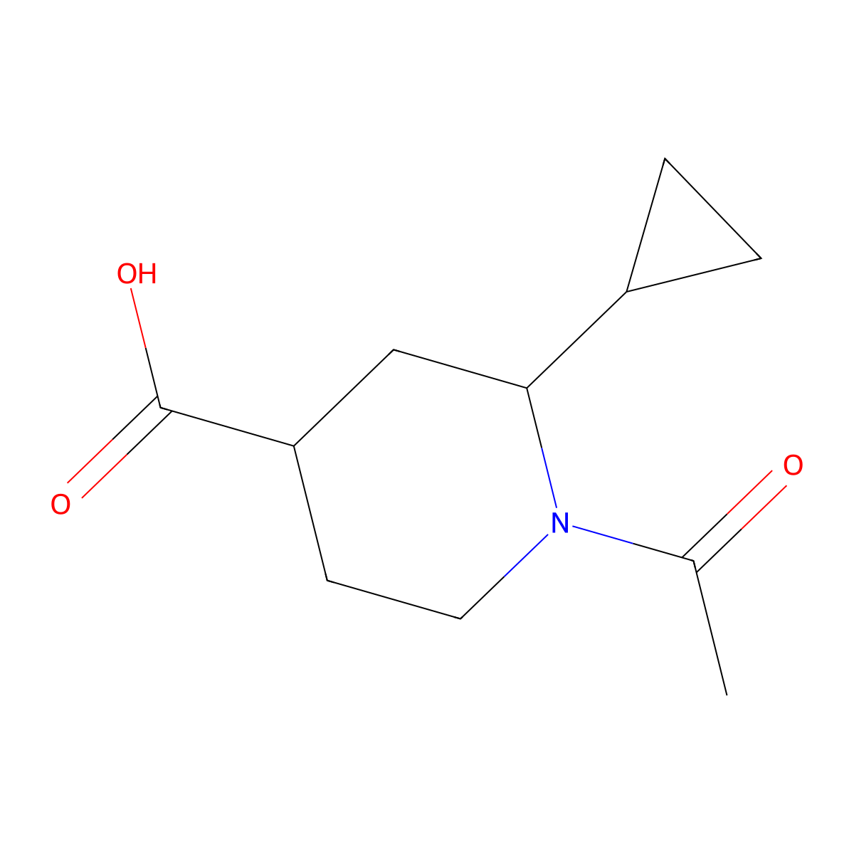 1-Acetyl-2-cyclopropylpiperidine-4-carboxylic acid molecular structure, CAS 2680782-42-5