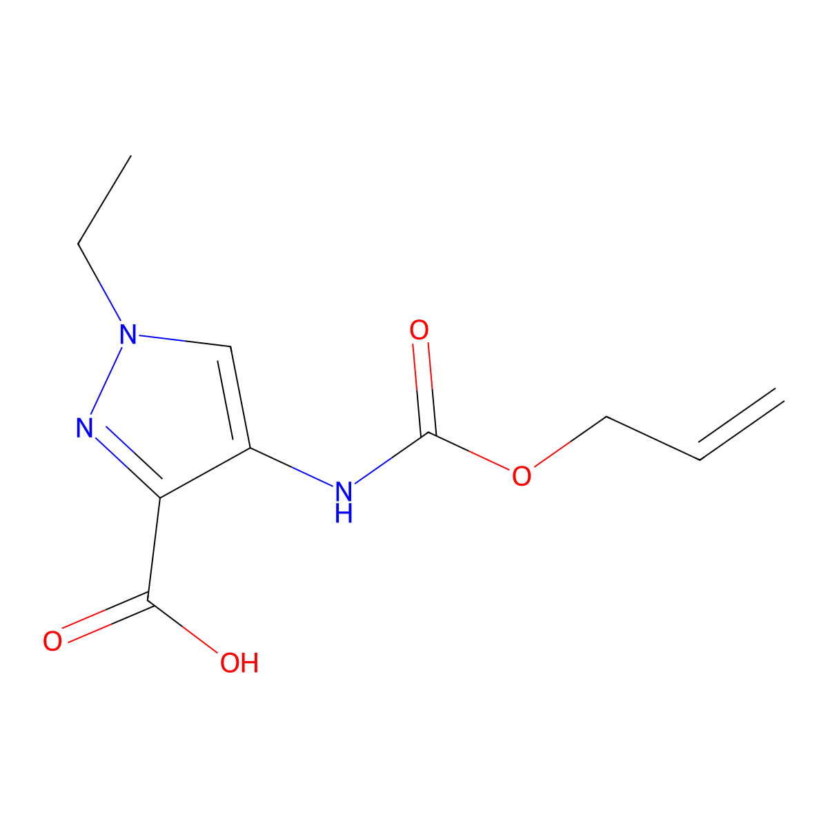 1-ethyl-4-{[(prop-2-en-1-yloxy)carbonyl]amino}-1H-pyrazole-3-carboxylic acid molecular structure, CAS 2680782-62-9
