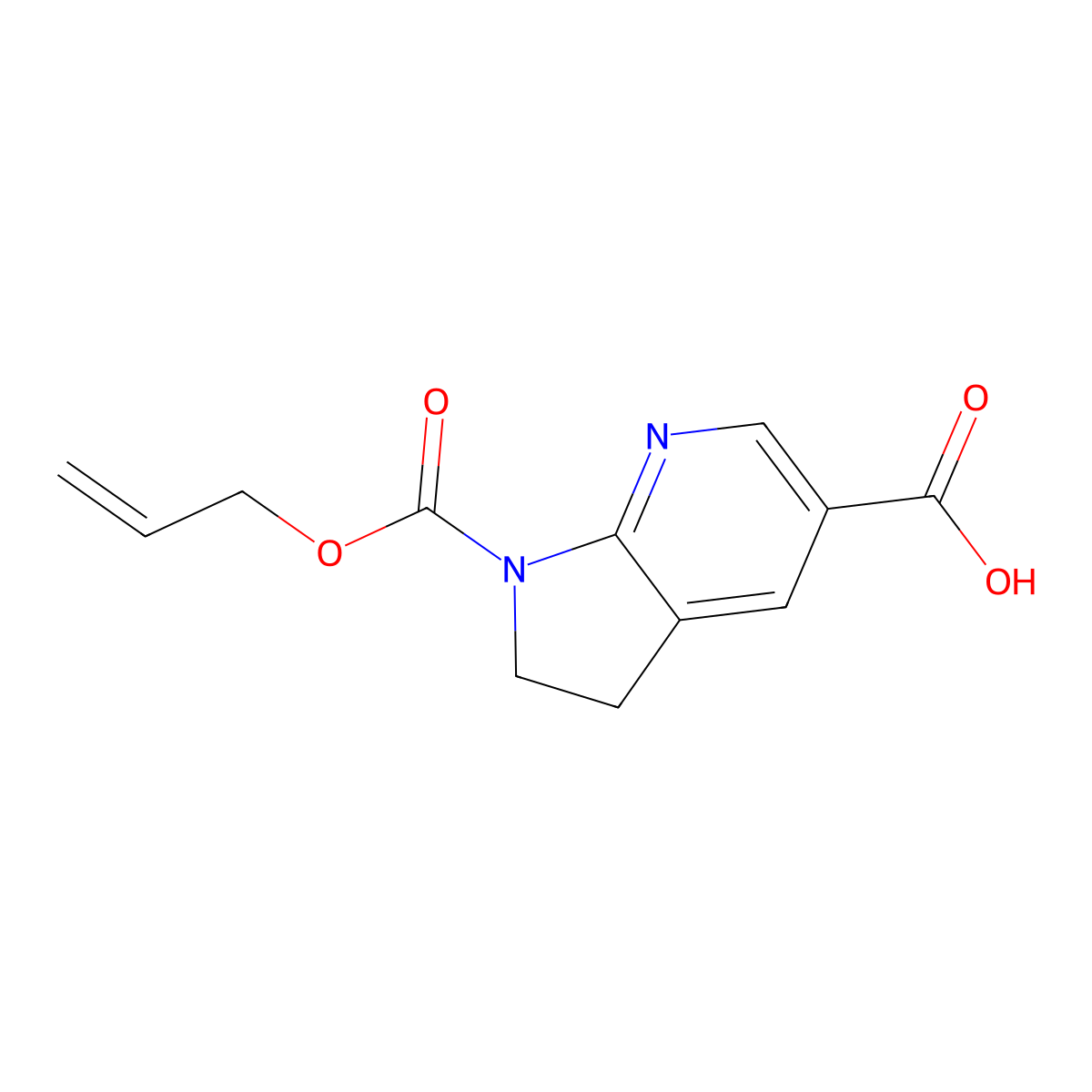 1-[(prop-2-en-1-yloxy)carbonyl]-1H,2H,3H-pyrrolo[2,3-b]pyridine-5-carboxylic acid molecular structure, CAS 2680783-58-6