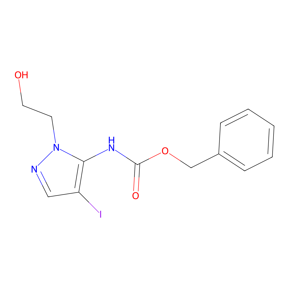 benzyl N-[1-(2-hydroxyethyl)-4-iodo-1H-pyrazol-5-yl]carbamate molecular structure, CAS 2680783-78-0