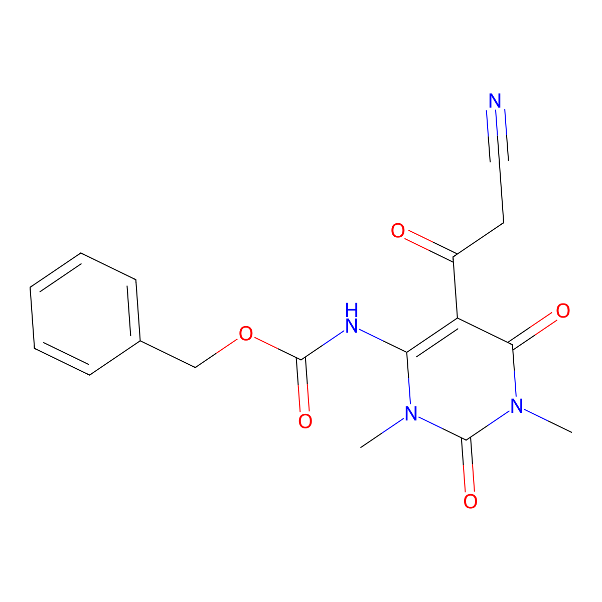 benzyl N-[5-(2-cyanoacetyl)-1,3-dimethyl-2,6-dioxo-1,2,3,6-tetrahydropyrimidin-4-yl]carbamate molecular structure, CAS 2680784-40-9