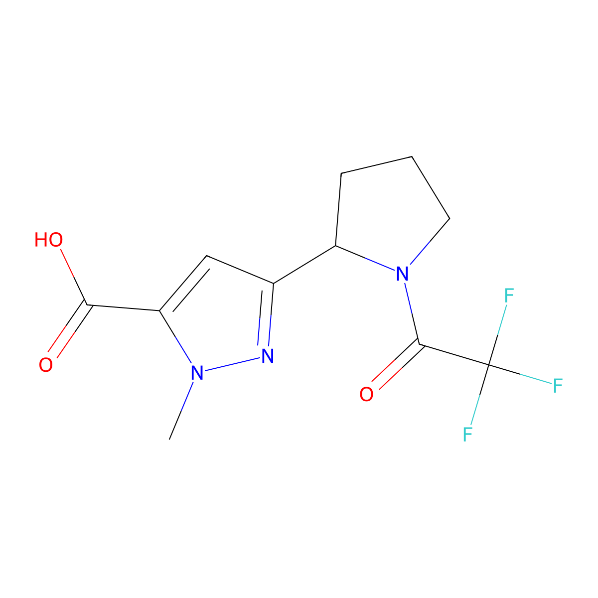 1-methyl-3-[1-(2,2,2-trifluoroacetyl)pyrrolidin-2-yl]-1H-pyrazole-5-carboxylic acid molecular structure, CAS 2680785-48-0