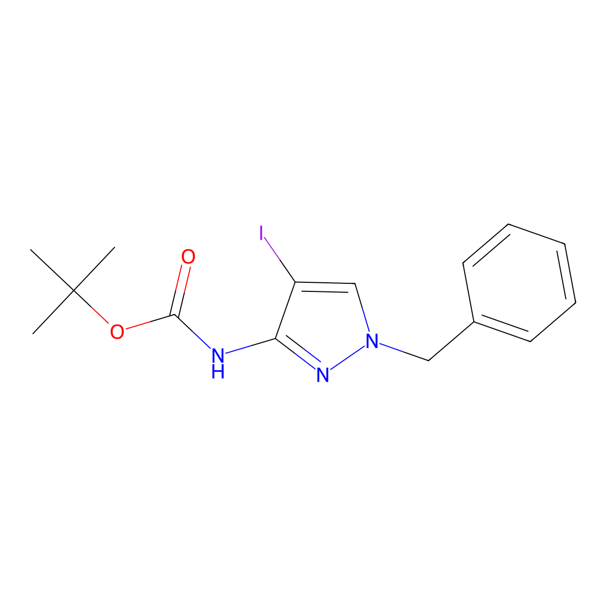 tert-butyl N-(1-benzyl-4-iodo-1H-pyrazol-3-yl)carbamate molecular structure, CAS 2680785-59-3
