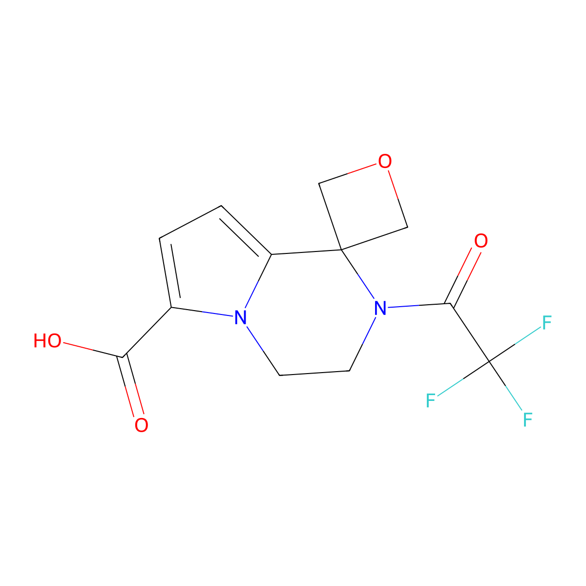 2'-(2,2,2-trifluoroacetyl)-3',4'-dihydro-2'H-spiro[oxetane-3,1'-pyrrolo[1,2-a]pyrazine]-6'-carboxylic acid molecular structure, CAS 2680786-58-5