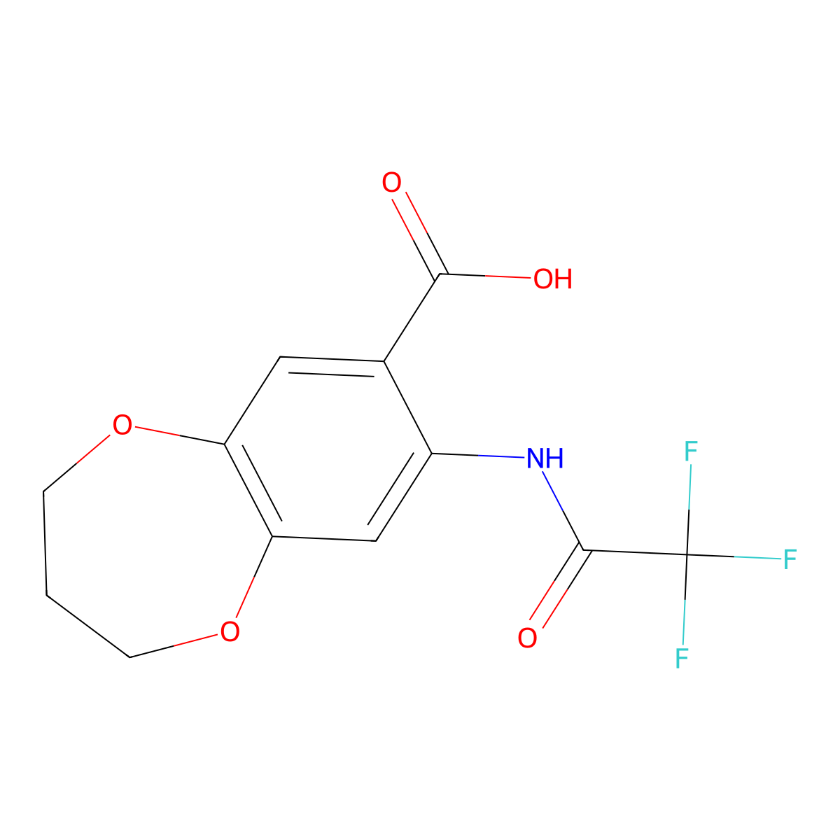 8-(2,2,2-trifluoroacetamido)-3,4-dihydro-2H-1,5-benzodioxepine-7-carboxylic acid molecular structure, CAS 2680786-85-8